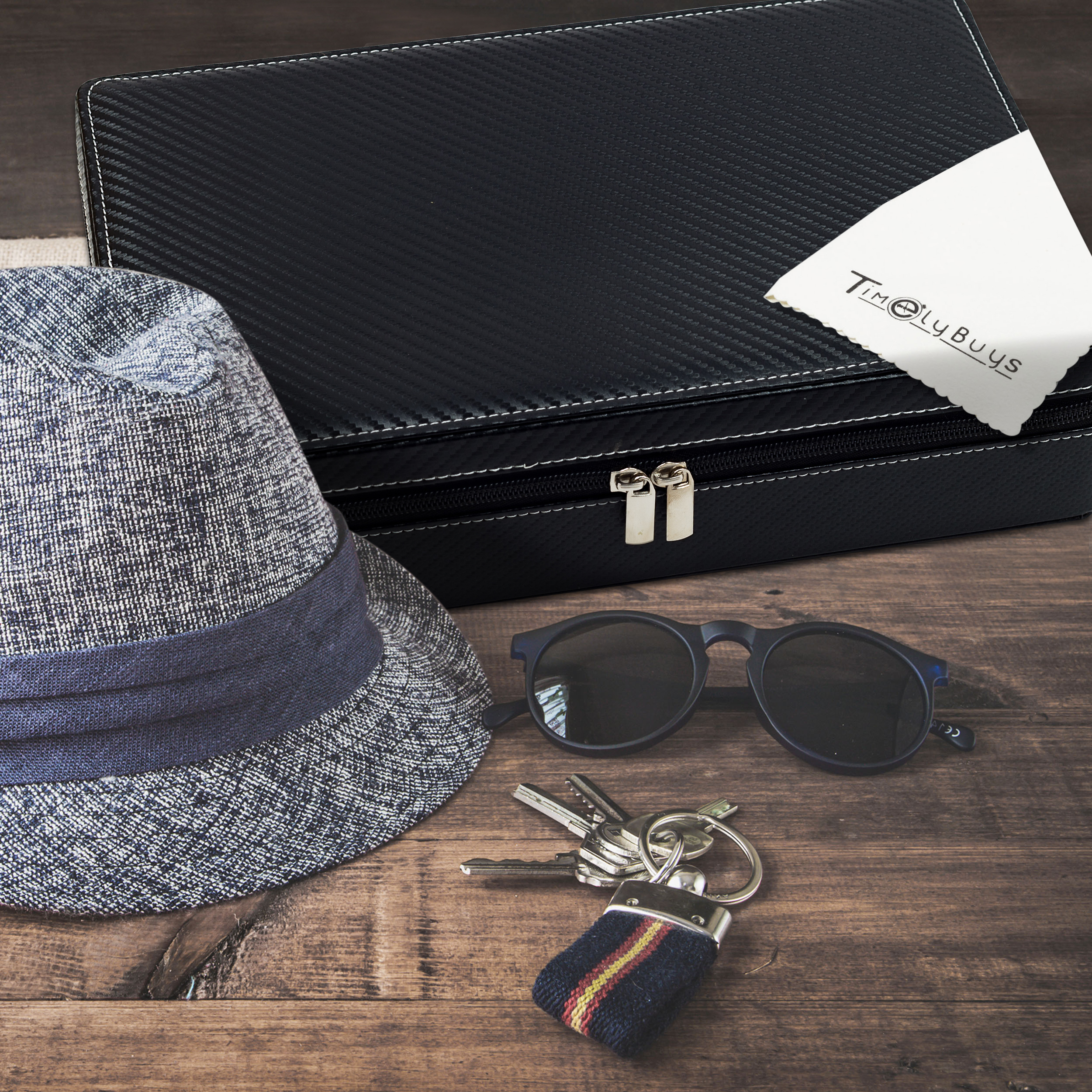 10 WATCH BRIEFCASE BLACK CARBON FIBER ZIPPERED TRAVEL STORAGE CASE 50MM